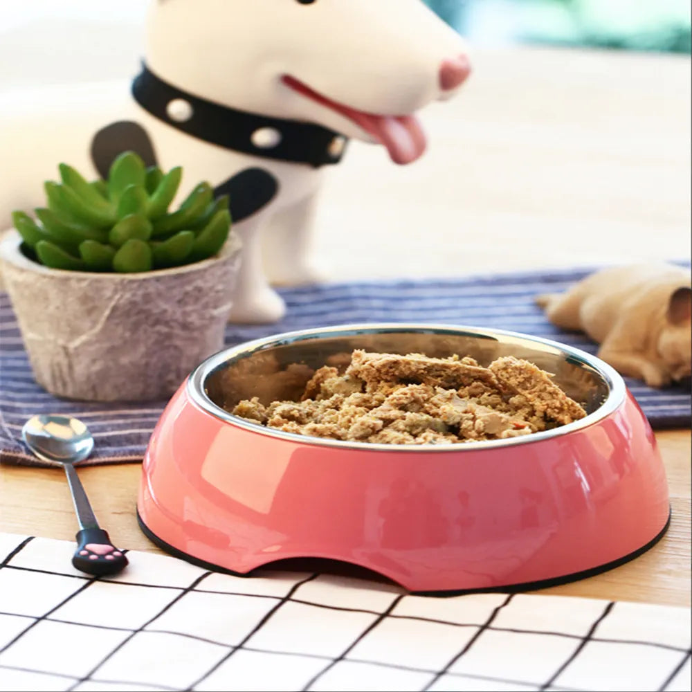 Dog Bowl Made Of Stainless Steel With Shiny Plastic Rim