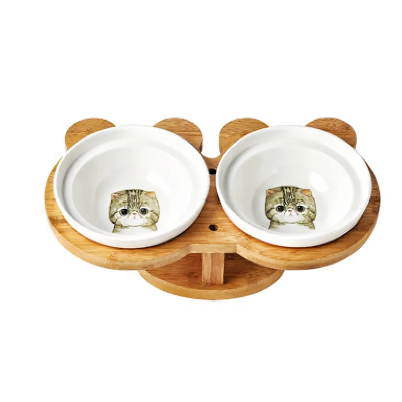 Elevated Food Bowl For Cats - Double Bowl Made Of Ceramic With Bamboo Stand