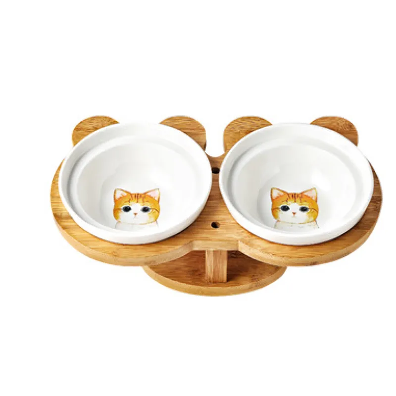 Elevated Food Bowl For Cats - Double Bowl Made Of Ceramic With Bamboo Stand