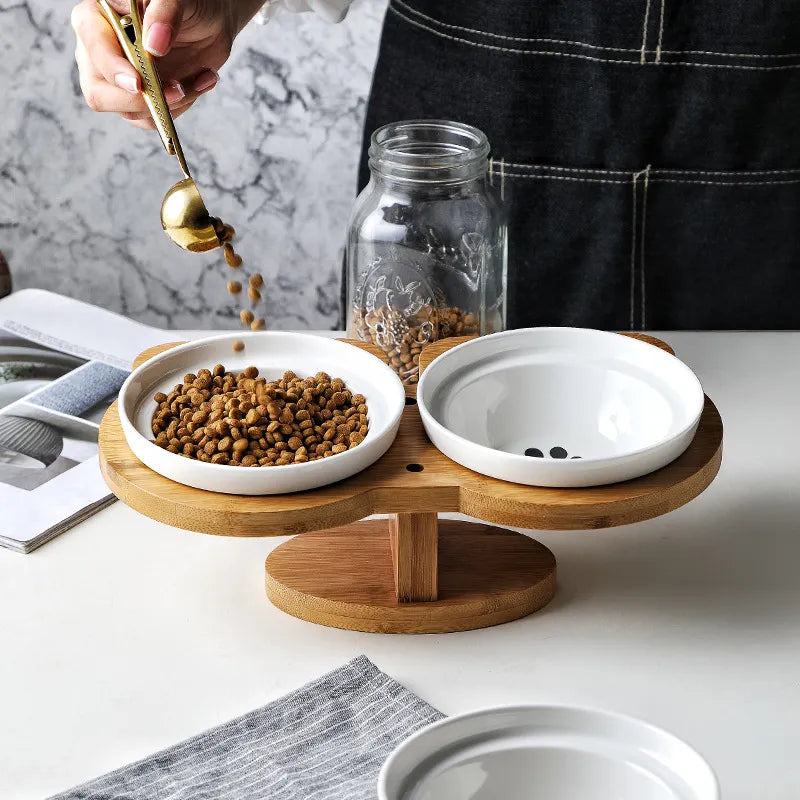 Elevated Food Bowl For Cats - Double Bowl Made Of Ceramic With Bamboo Stand