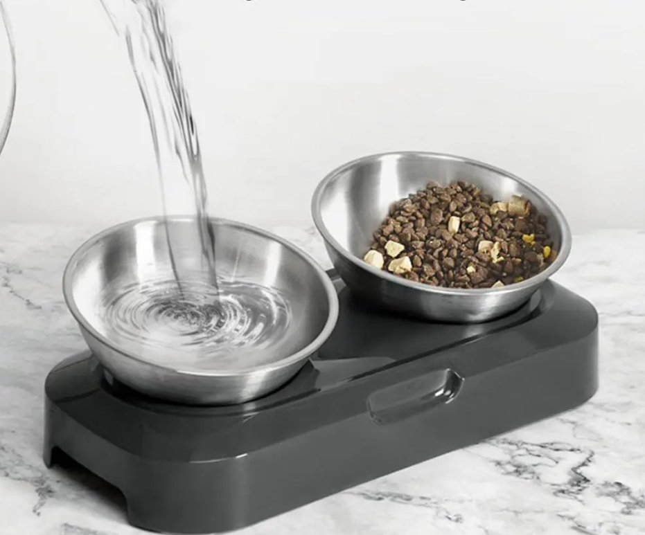Double Bowl For Cats Made Of Stainless Steel With Stand