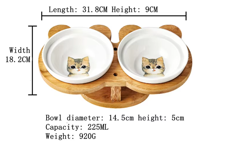 Elevated Food Bowl For Cats - Double Bowl Made Of Ceramic With Bamboo Stand