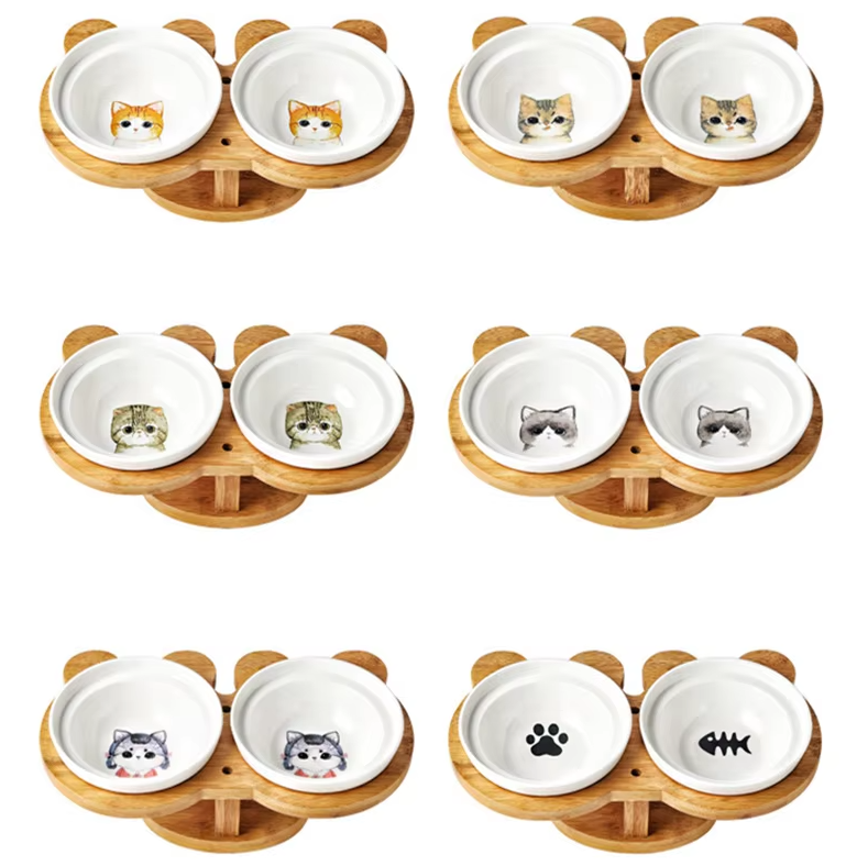 Elevated Food Bowl For Cats - Double Bowl Made Of Ceramic With Bamboo Stand