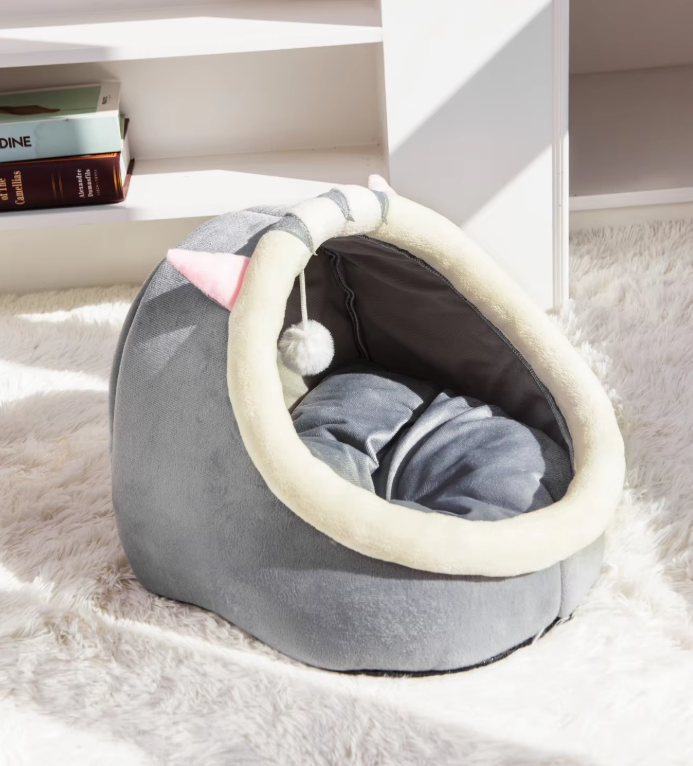 Cuddly Cat Bed Cave - Soft Iglo With Ears Play Ball