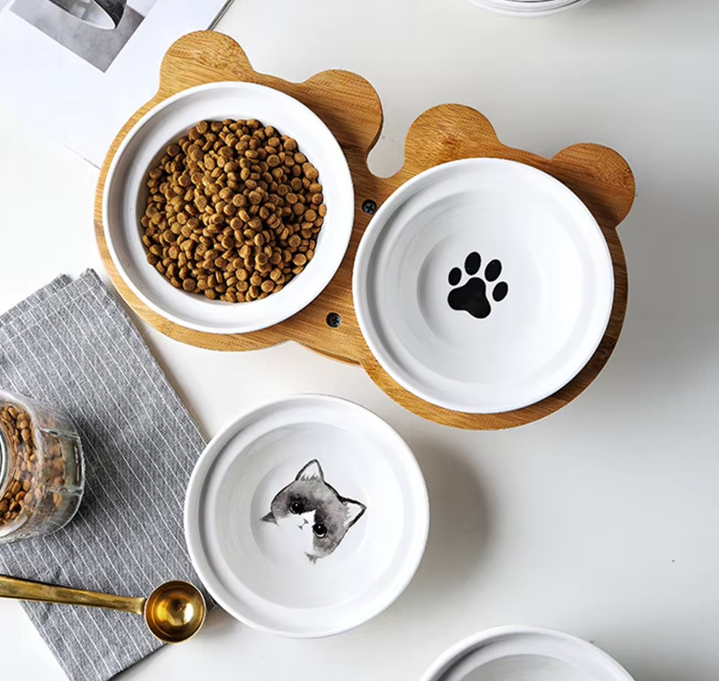 Elevated Food Bowl For Cats - Double Bowl Made Of Ceramic With Bamboo Stand