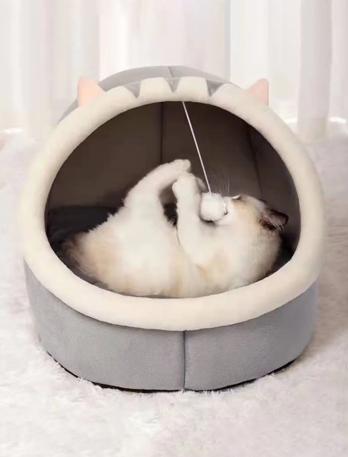 Cuddly Cat Bed Cave - Soft Iglo With Ears Play Ball
