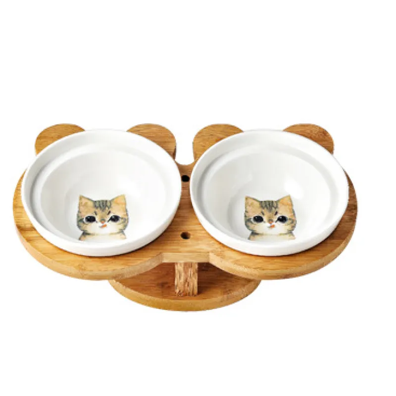 Elevated Food Bowl For Cats - Double Bowl Made Of Ceramic With Bamboo Stand