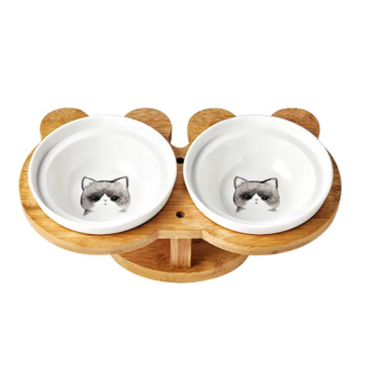 Elevated Food Bowl For Cats - Double Bowl Made Of Ceramic With Bamboo Stand