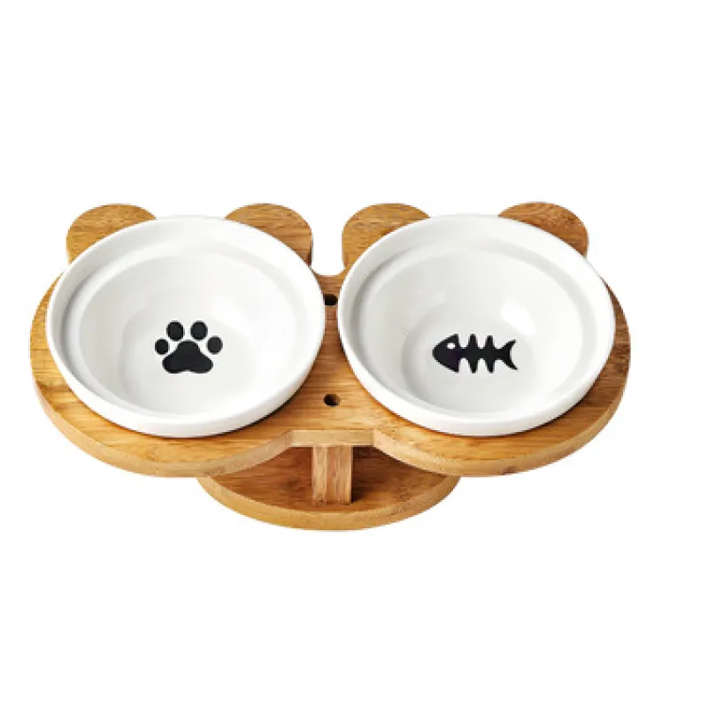 Elevated Food Bowl For Cats - Double Bowl Made Of Ceramic With Bamboo Stand