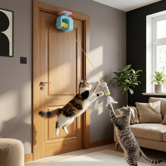 Interactive door yo-yo cat toy with self-play function