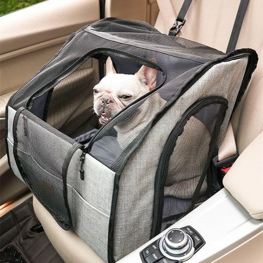 Safe Car Dog Seat - Foldable Transport Bag With Mesh Windows And Belt System