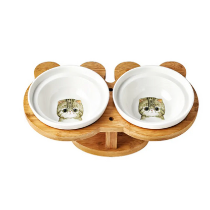 Elevated Food Bowl For Cats - Double Bowl Made Of Ceramic With Bamboo Stand