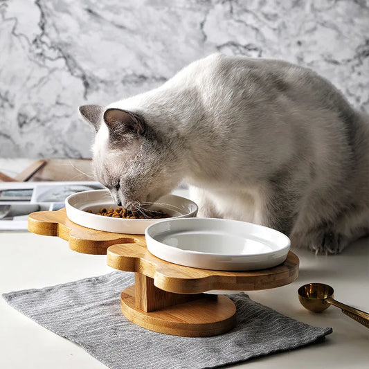Elevated Food Bowl For Cats - Double Bowl Made Of Ceramic With Bamboo Stand