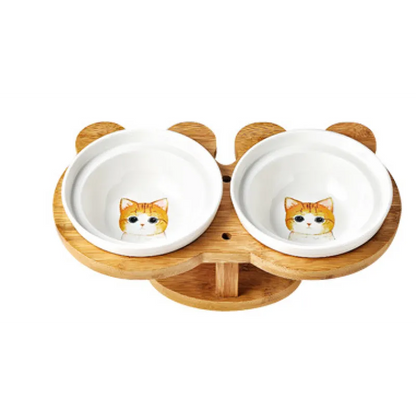 Elevated Food Bowl For Cats - Double Bowl Made Of Ceramic With Bamboo Stand