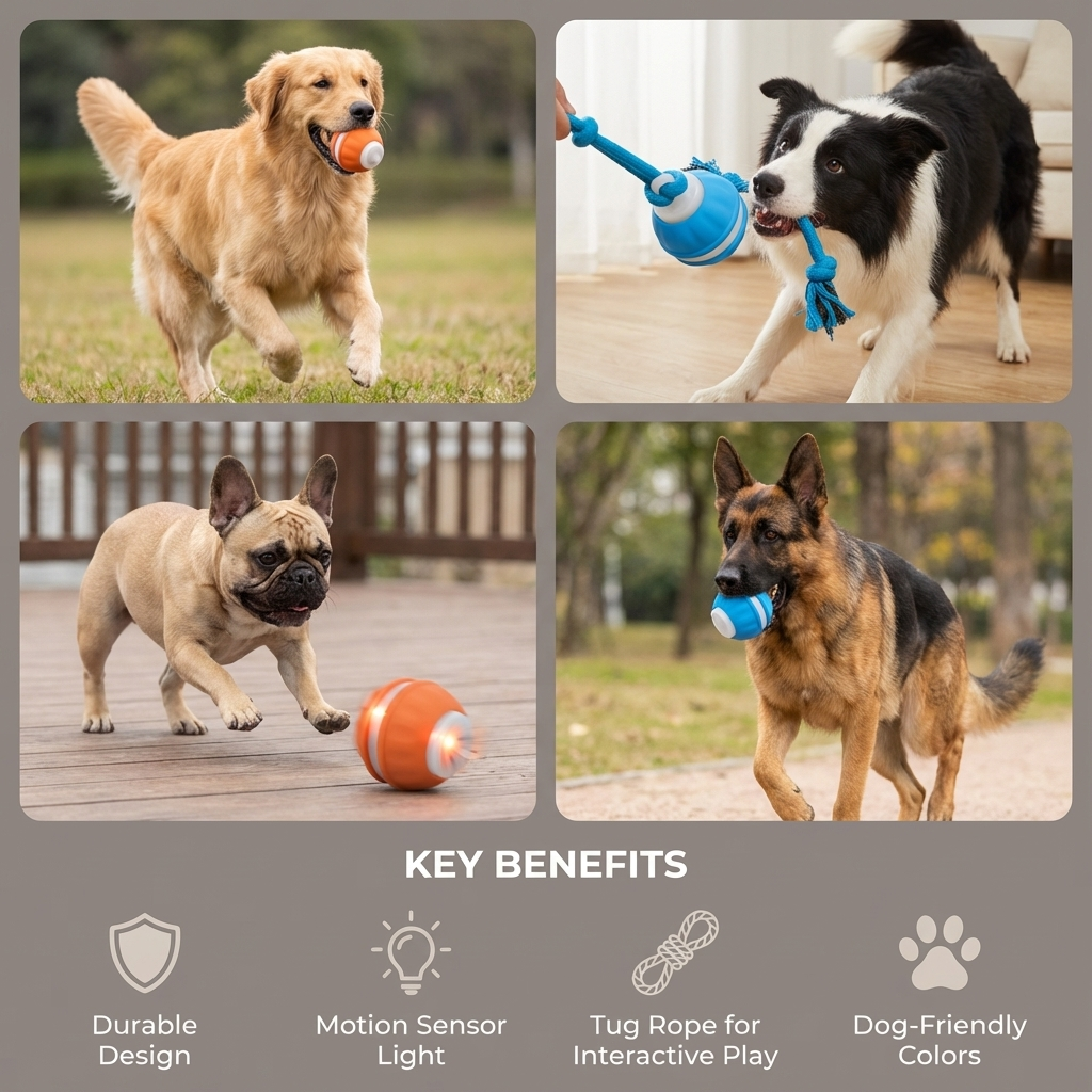 Durable Dog Play Ball with Motion Sensor and Tug Rope in Dog-Friendly Colours