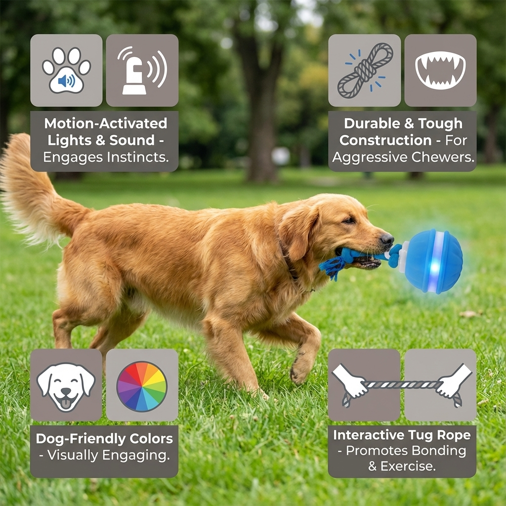 Durable Dog Play Ball with Motion Sensor and Tug Rope in Dog-Friendly Colours