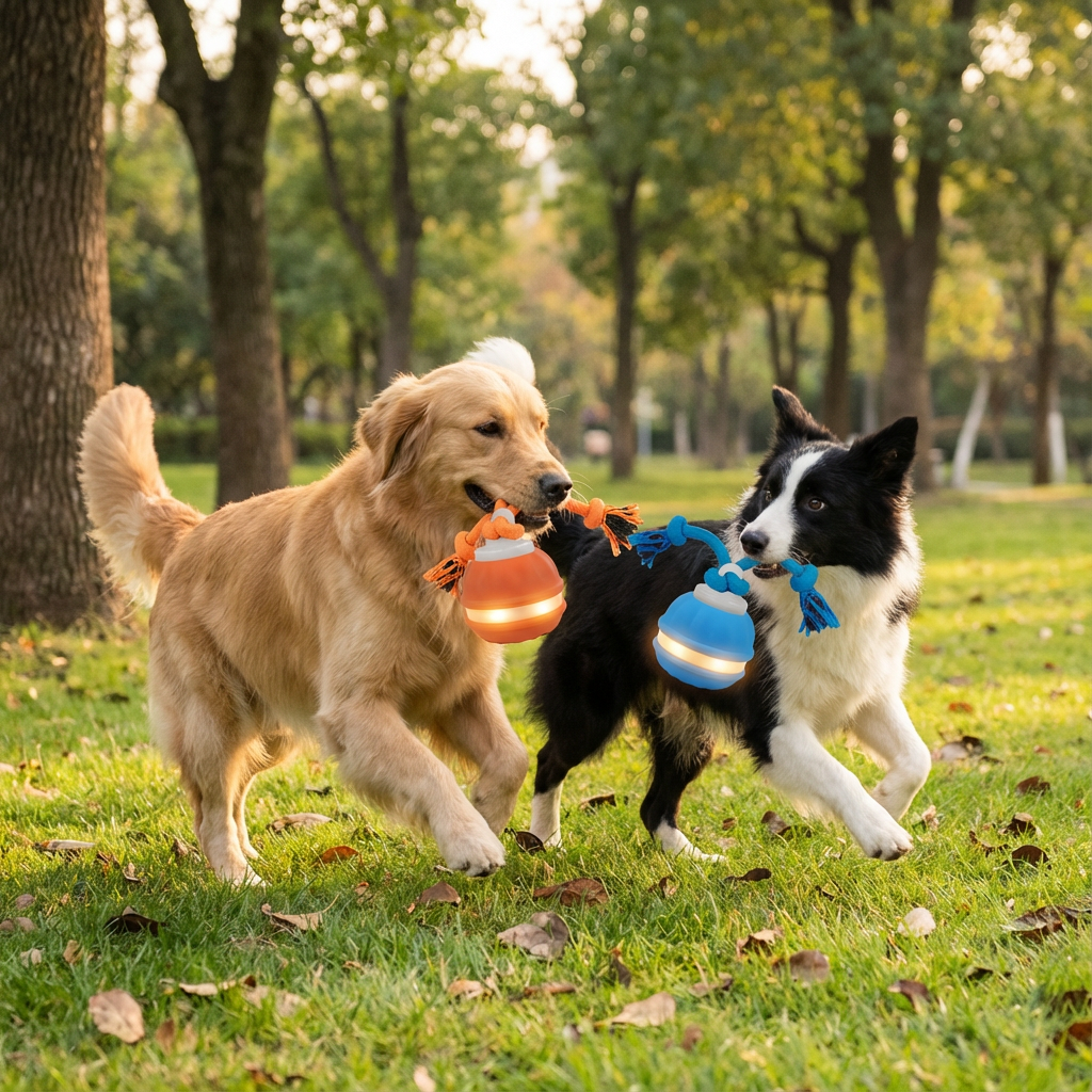 Durable Dog Play Ball with Motion Sensor and Tug Rope in Dog-Friendly Colours