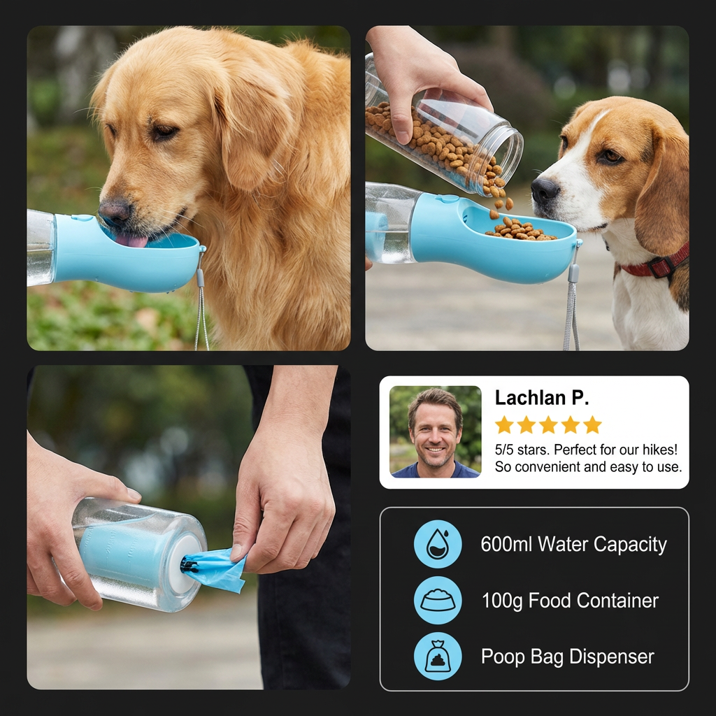 3-in-1 Dog Water Bottle – Travel Bottle with Food Container