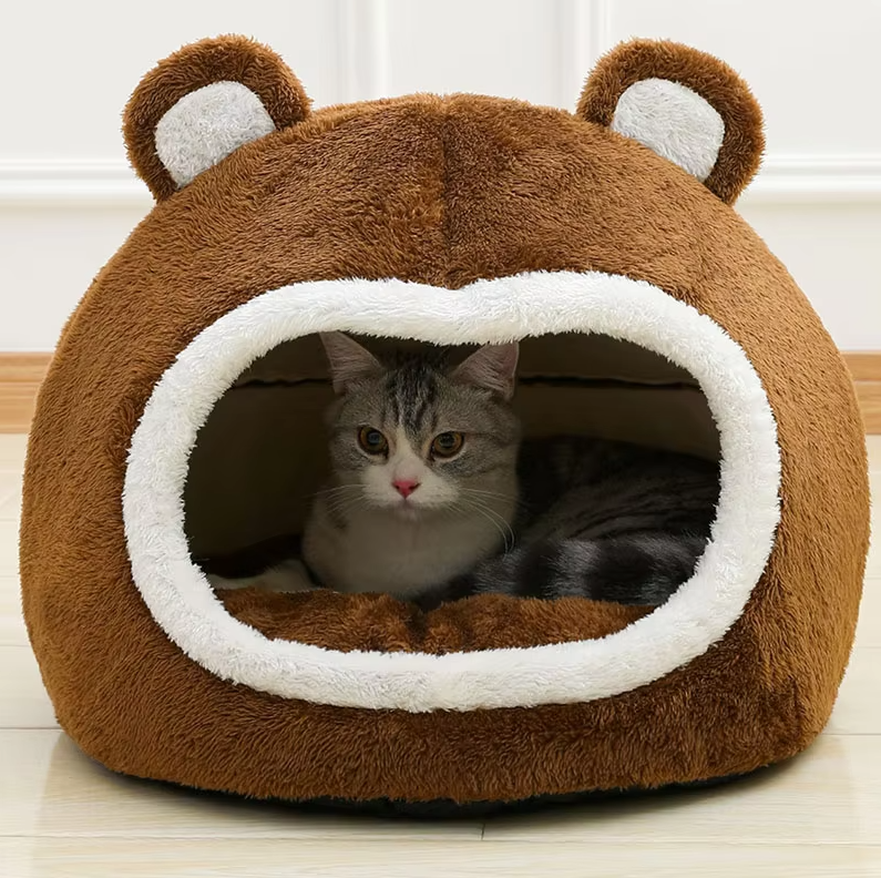 Cat Cave Bear - Fluffy Cat Bed With Non - Slip Base And Thick Padding