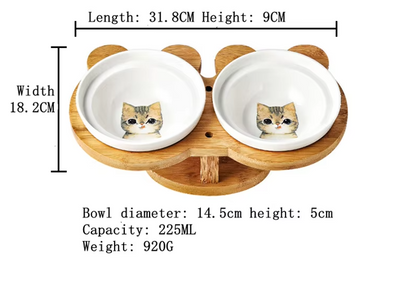 Elevated Food Bowl For Cats - Double Bowl Made Of Ceramic With Bamboo Stand