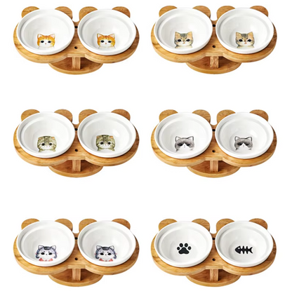 Elevated Food Bowl For Cats - Double Bowl Made Of Ceramic With Bamboo Stand
