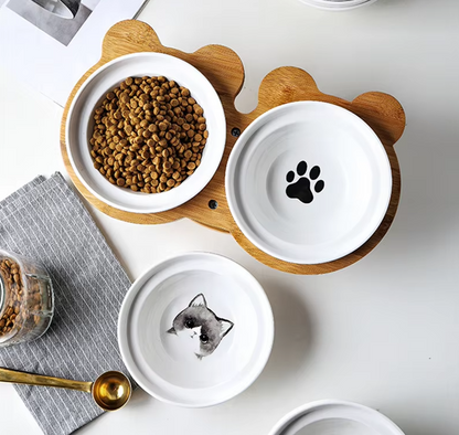 Elevated Food Bowl For Cats - Double Bowl Made Of Ceramic With Bamboo Stand