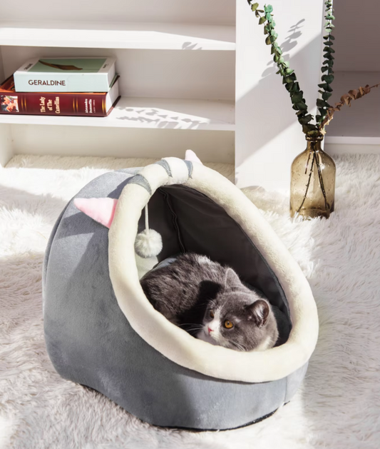 Cuddly Cat Bed Cave - Soft Iglo With Ears Play Ball