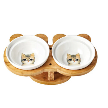 Elevated Food Bowl For Cats - Double Bowl Made Of Ceramic With Bamboo Stand