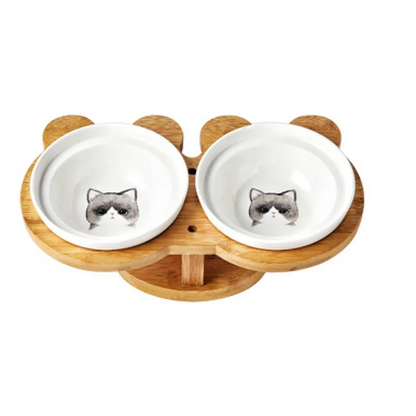 Elevated Food Bowl For Cats - Double Bowl Made Of Ceramic With Bamboo Stand