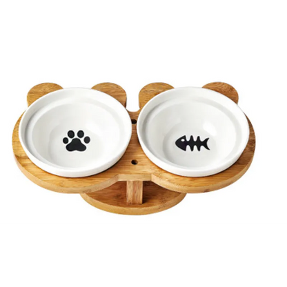 Elevated Food Bowl For Cats - Double Bowl Made Of Ceramic With Bamboo Stand
