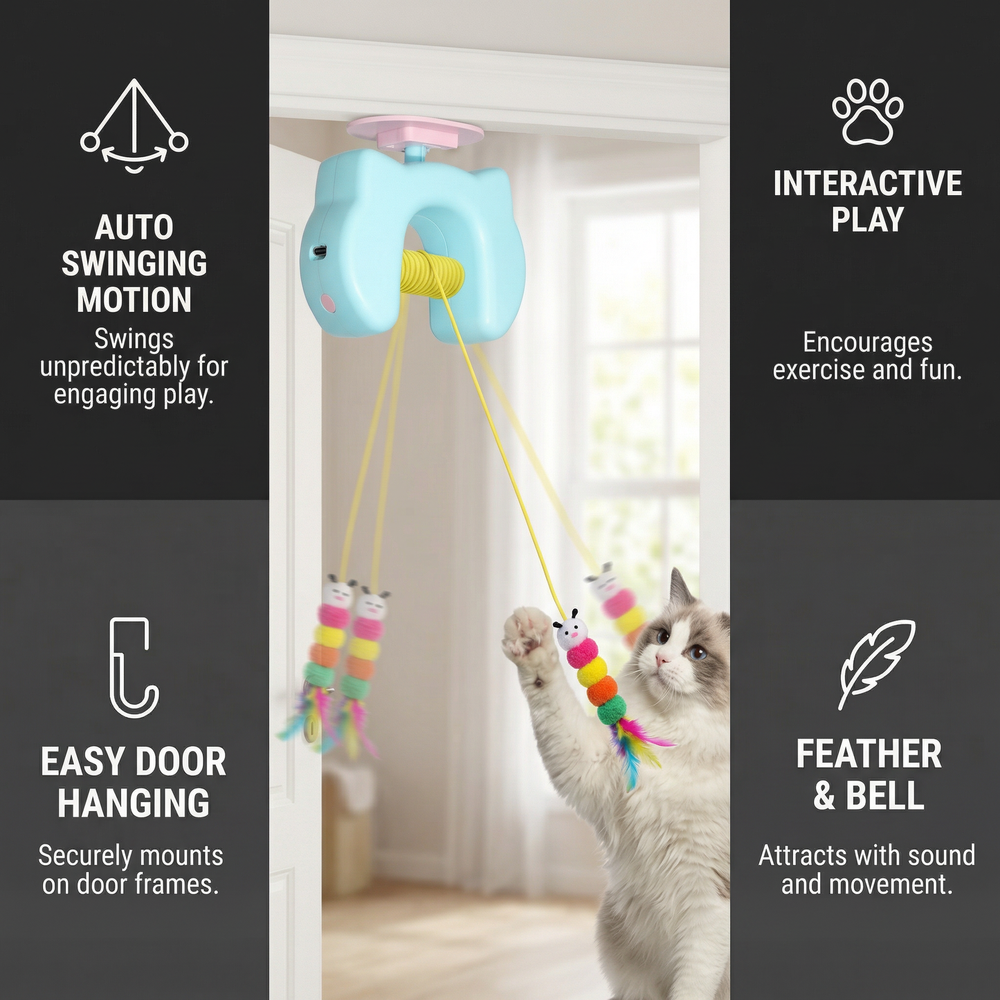 Interactive Cat Toy with Feather & Auto Swing – Electric Door Hanging Toy for Cats