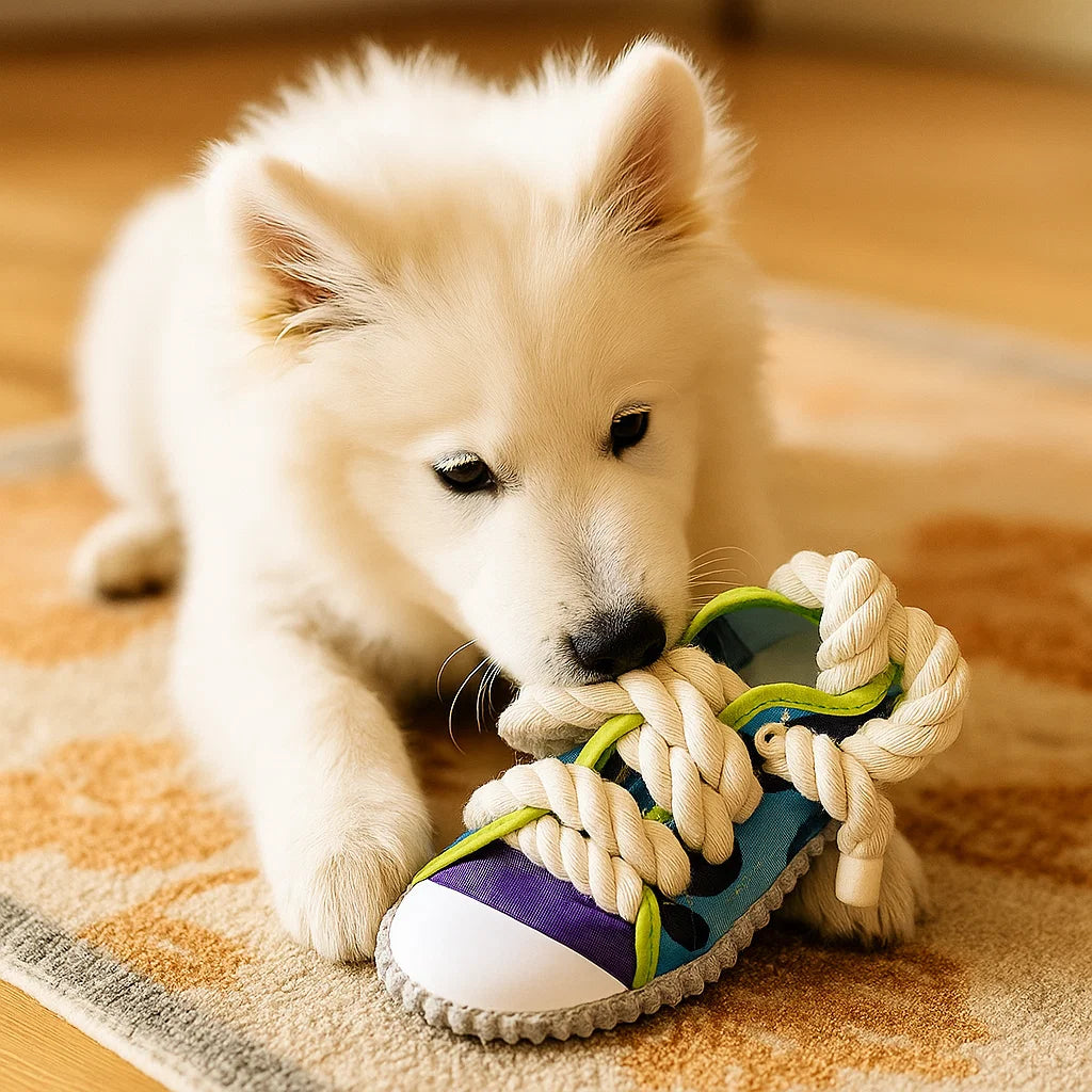 Squeaky Slipper with Sturdy Cotton Rope – Dental Care & Fun for Dogs