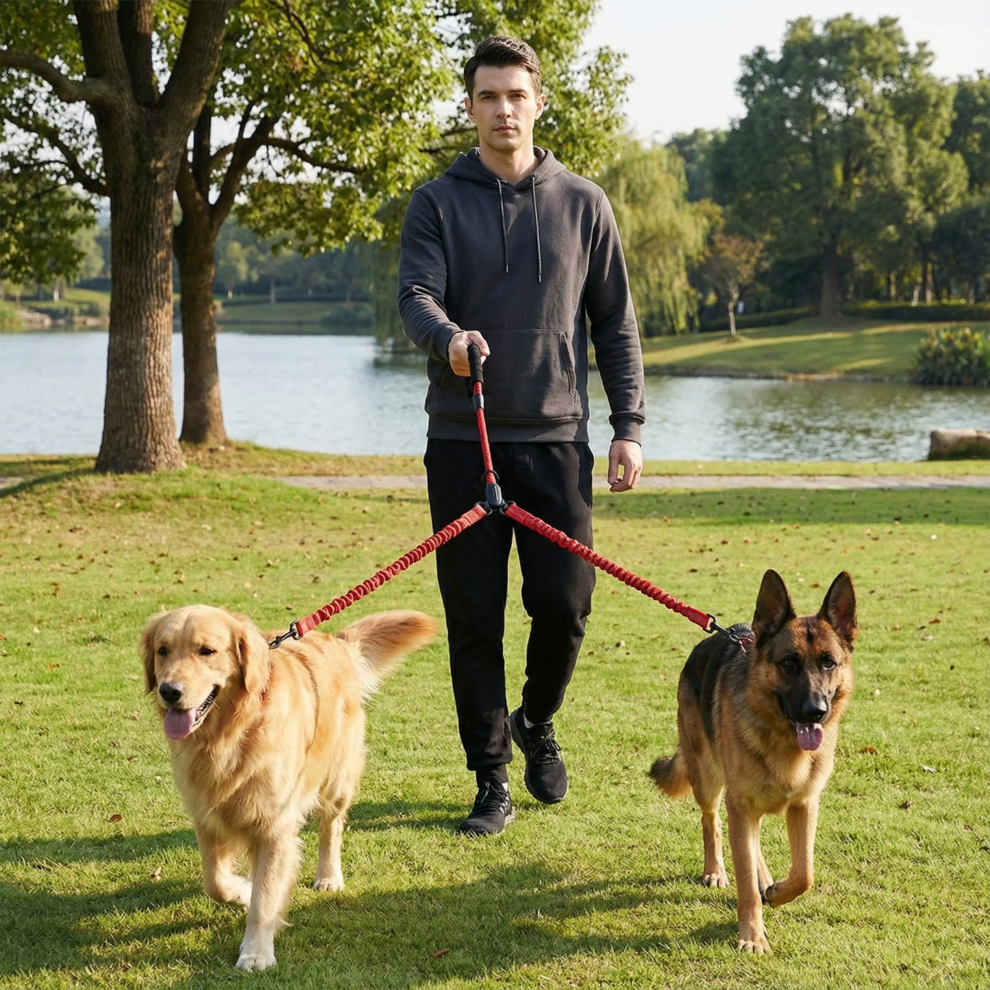 2-in-1 Dog Double Leash with 360° Swivel Joint – Tangle-Free & Shock Absorbing