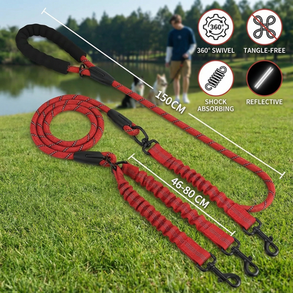 2-in-1 Dog Double Leash with 360° Swivel Joint – Tangle-Free & Shock Absorbing