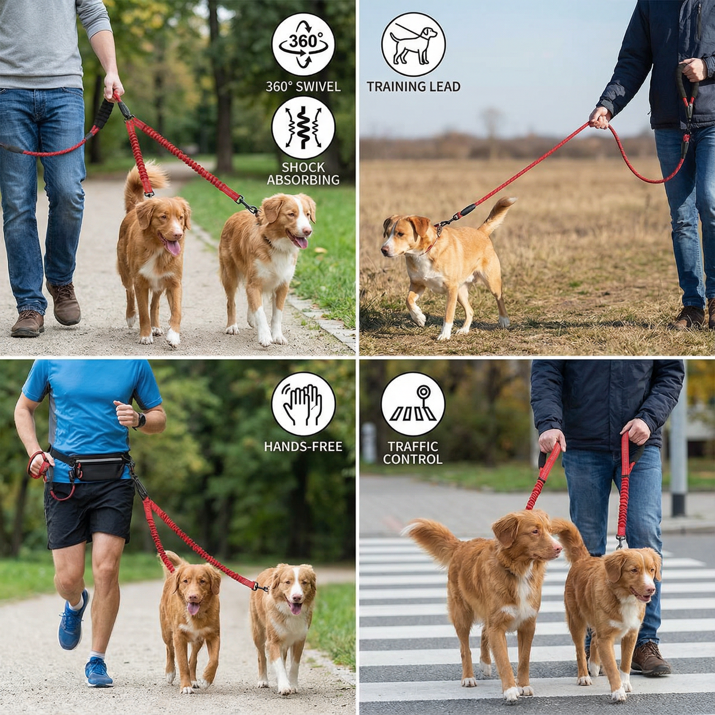 2-in-1 Dog Double Leash with 360° Swivel Joint – Tangle-Free & Shock Absorbing