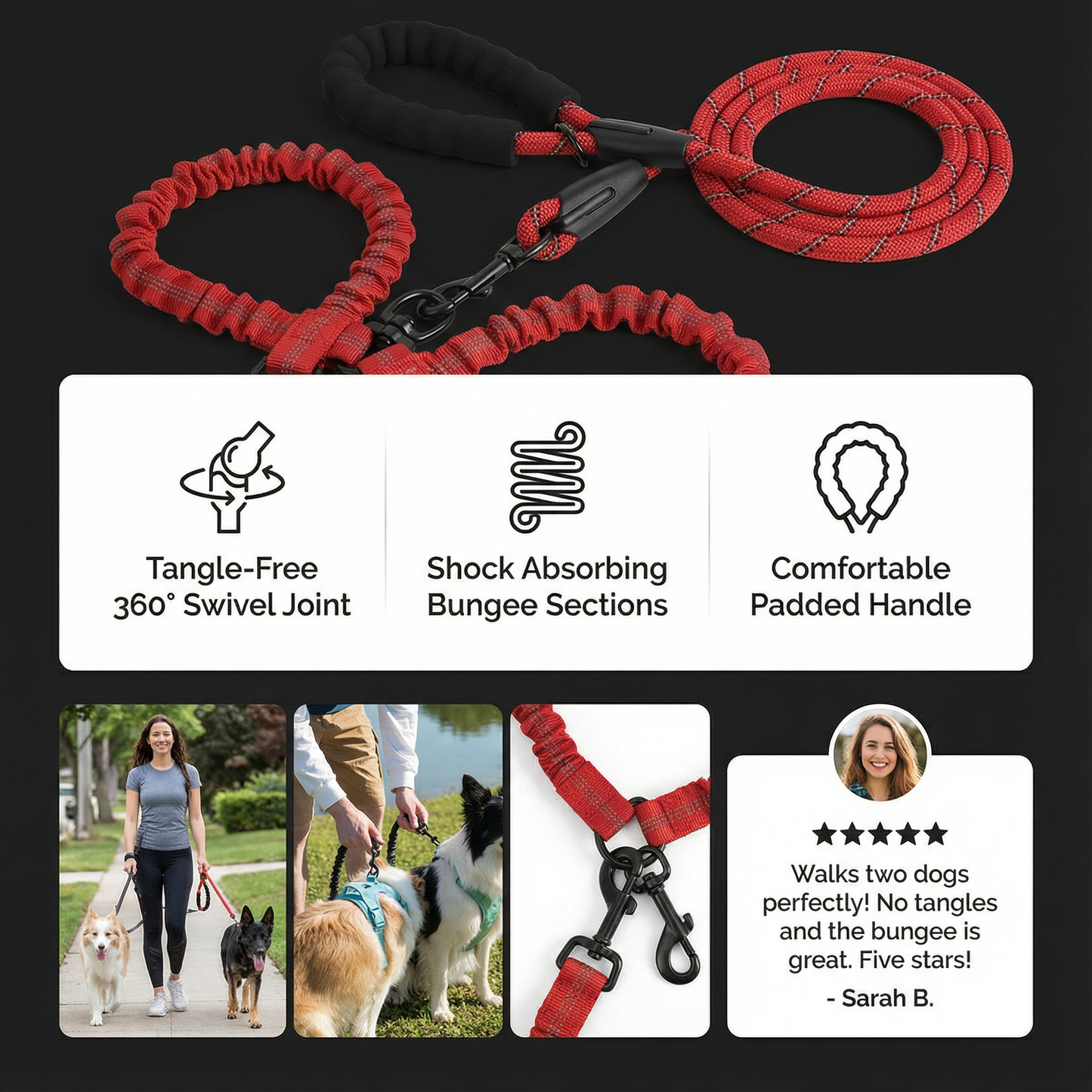 2-in-1 Dog Double Leash with 360° Swivel Joint – Tangle-Free & Shock Absorbing
