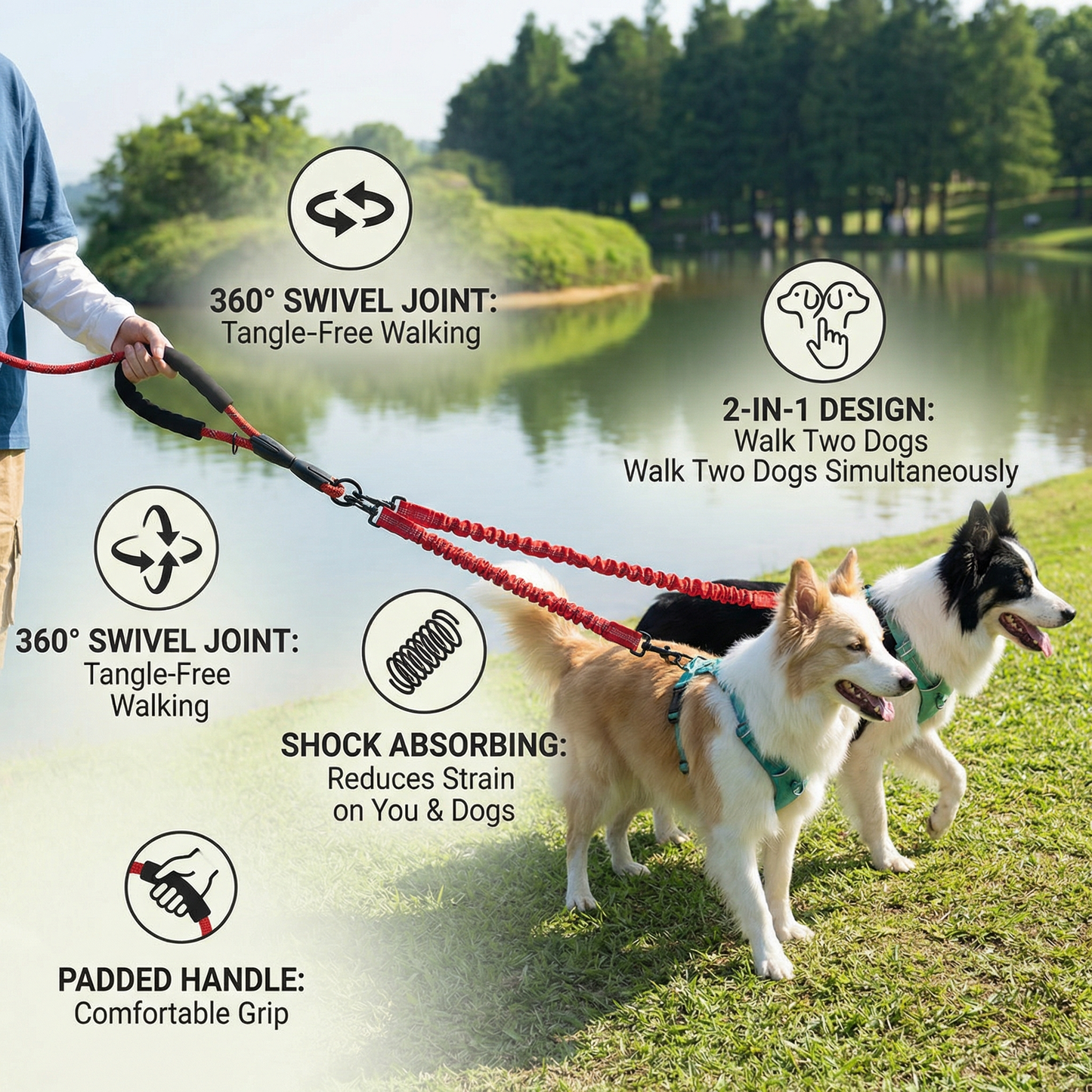 2-in-1 Dog Double Leash with 360° Swivel Joint – Tangle-Free & Shock Absorbing