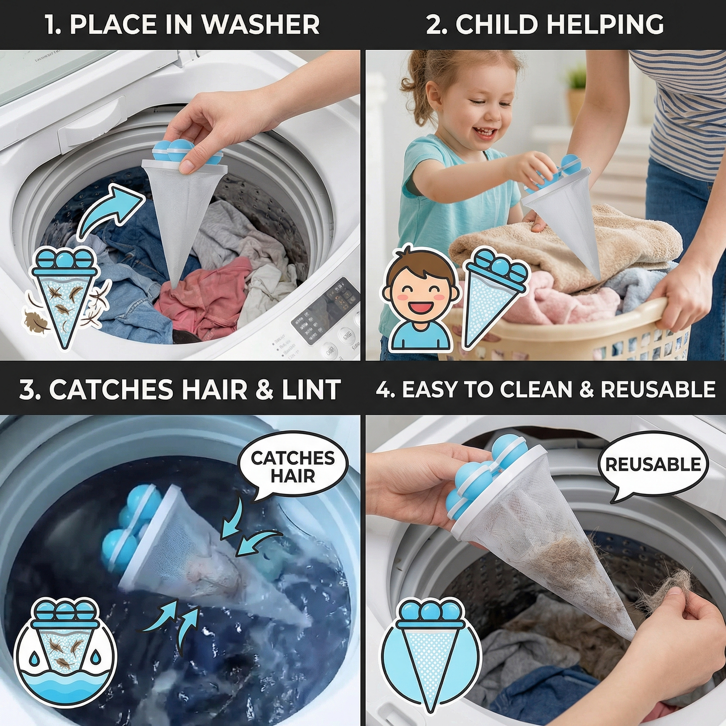 Pet Hair Laundry Filter for Washing Machines – Reusable Hair Catcher Bag