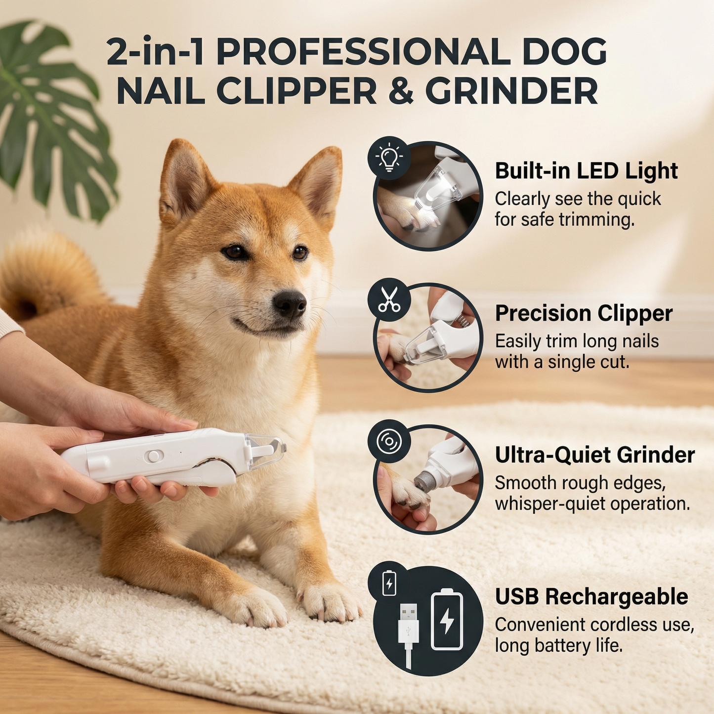 2-in-1 Professional Dog Nail Clipper & Grinder – Ultra-Quiet & Rechargeable
